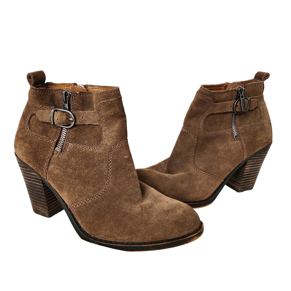 Lucky Brand Brown Suede Ankle Boots Western Buckle Block Heel Booties 7.5M